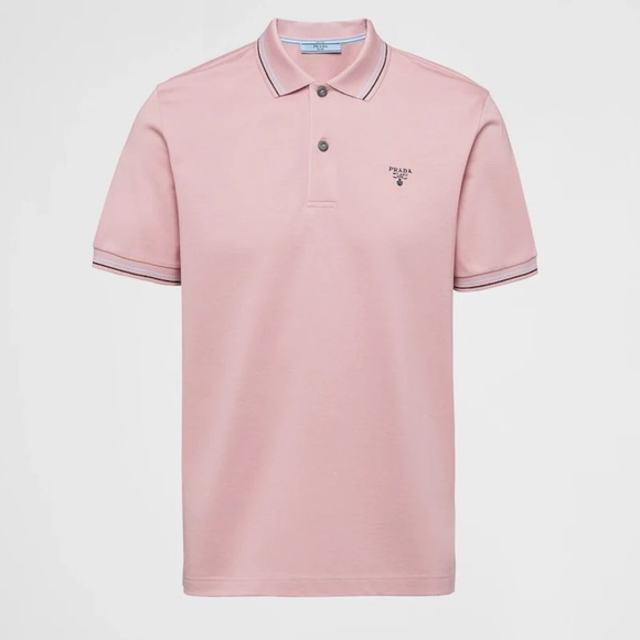 Prada Logo Embroidered Cotton Pique Polo T-Shirt in Alabaster Pink size L - Picture 1 of 15